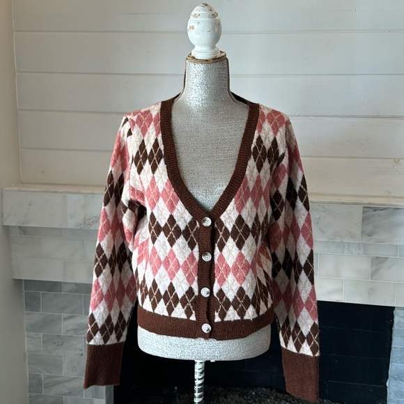 Lulus Clued In Cutie Brown Multi Argyle V-Neck Cardigan Size Large - Picture 10 of 14